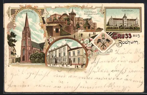 Lithographie Bochum, Rathaus, Christus-Kirche, Gymnasium, Krankenshaus Bergmannsheil