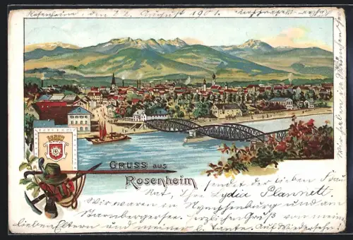 Lithographie Rosenheim / Bayern, Flusspartie mit Brücke