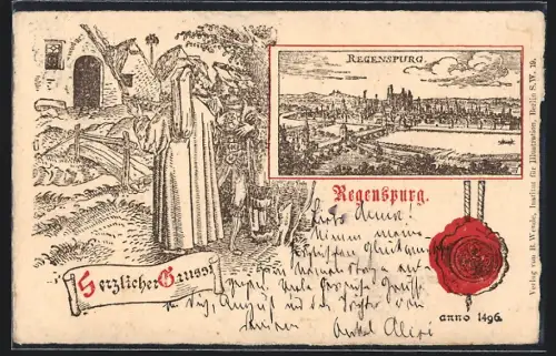 Lithographie Regensburg, Ortsansicht anno 1496 mit Wachs-Siegel