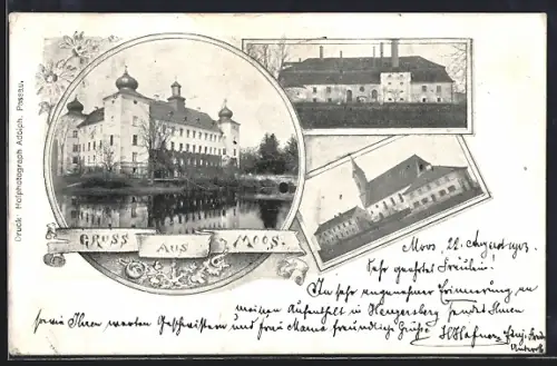 AK Moos / Niederbayern, Kirche, Wasserpartie im Ort