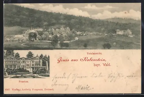 AK Rabenstein /bayr. Wald, Pension mit Springbrunnen, Ortspanorama mit Wald