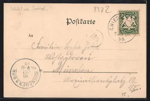 AK Rabenstein /bayr. Wald, Pension mit Springbrunnen, Ortspanorama mit Wald