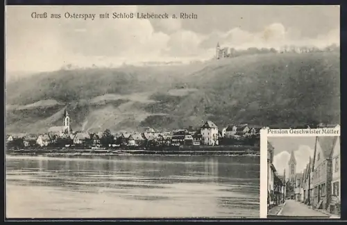 AK Osterspai, Hotel-Pension Geschwister Müller, Panorama mit Schloss Liebeneck