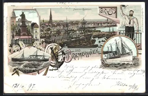 Lithographie Bremerhaven, Panorama vom Leuchtturm, SMS Kaiser Wilhelm II., Dampfer auf der Havel