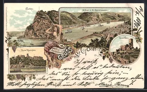 Lithographie St. Goar, Panorama mit St. Goarshausen, Ruine Katz, Ruine Rheinfels