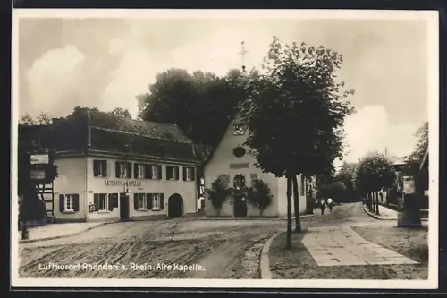 AK Rhöndorf a. Rhein, Gasthaus zur Alten Kapelle mit Strassenbahn, Litfasssäule