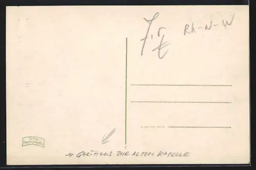 AK Rhöndorf a. Rhein, Gasthaus zur Alten Kapelle mit Strassenbahn, Litfasssäule