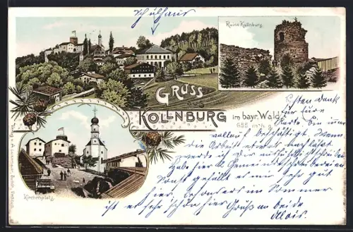 Lithographie Kollnburg, Totalansicht, Ruine, Kirchenplatz