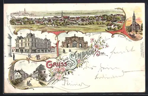 Lithographie Simbach am Inn, Portal der Innbrücke, Pfarr-Kirche, Hauptstrasse