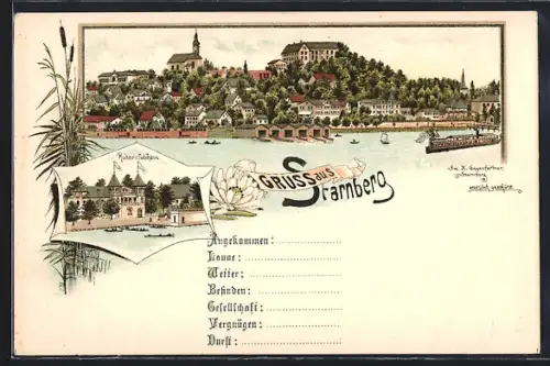 Lithographie Starnberg, Uferpartie mit Kirche, Ruderclubhaus