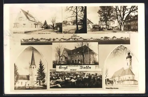 AK Solln, Münchener Strasse, Volksschule, Neue Pfarrkirche, Altes Kirchlein