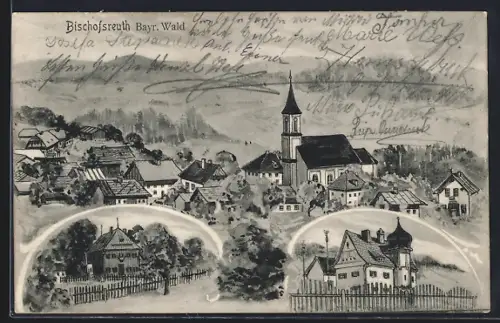 Künstler-AK sign. Hans Pernat: Bischofsreuth /Bayr. Wald, Ortsansicht mit Kirche