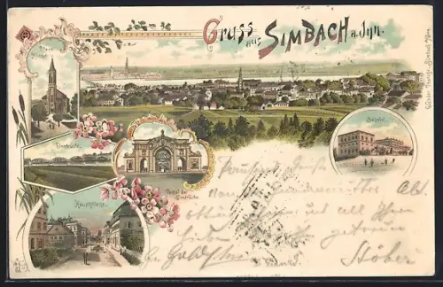 Lithographie Simbach a. Inn, Totalansicht aus der Vogelschau, Pfarrkirche, Hauptstrasse, Bahnhof