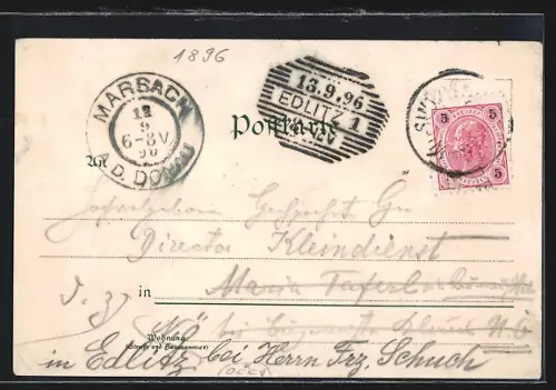 Lithographie Simbach a. Inn, Totalansicht aus der Vogelschau, Pfarrkirche, Hauptstrasse, Bahnhof