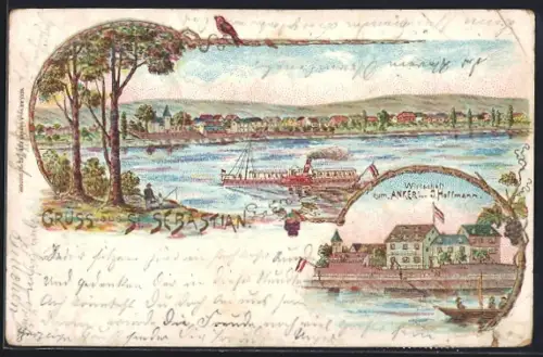 Lithographie St. Sebastian, Gasthaus zum Anker von J. Hoffmann, Dampfer auf dem Wasser