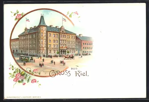 Lithographie Kiel, Partie am Hotel Germania mit Strassenbahn