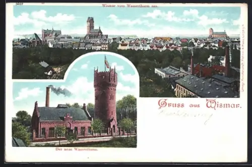 AK Wismar, Der neue Wasserturm, Blick auf den Ort vom Wasserturm aus