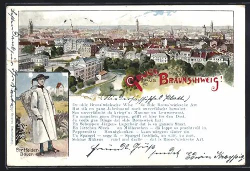 Lithographie Braunschweig, Gesamtansicht und Bortfelder Bauer