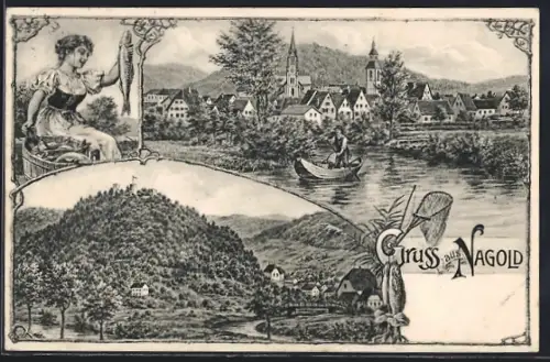 AK Nagold, Württ. Fischereitag 1907, Flusspartie und Burgruine