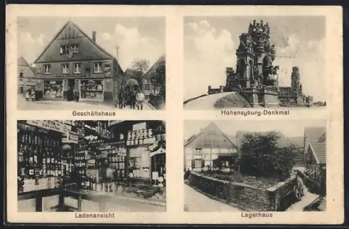 AK Westhofen /Westf., Drogerie Wilh. Engels, Innen- und Aussenansicht, Hohensyburg-Denkmal, Lagerhaus