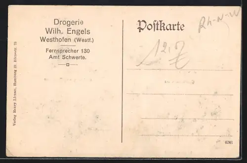 AK Westhofen /Westf., Drogerie Wilh. Engels, Innen- und Aussenansicht, Hohensyburg-Denkmal, Lagerhaus