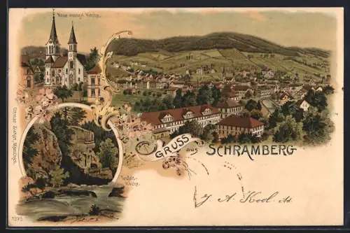 Lithographie Schramberg, Neue evang. Kirche, Teufels-Küche, Ortsansicht aus der Vogelschau