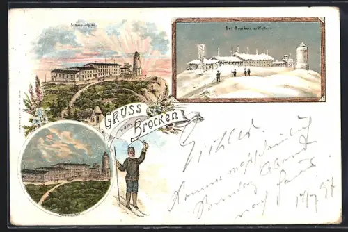 Winter-Lithographie Brocken, Brocken bei Schnee, beim Sonnenaufgang, im Mondschein