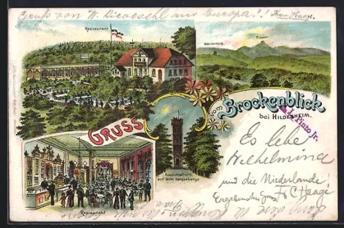 Lithographie Hildesheim, Restaurant, Aussichtsturm auf dem Galgenberge, Brockenblick