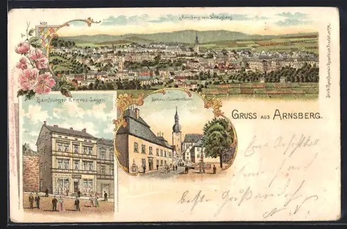 Lithographie Arnsberg / Sauerland, Rathaus und Glockenturm, Hamburger Engros-Lager