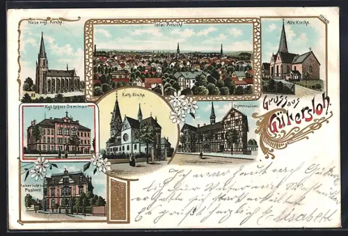 Lithographie Gütersloh, Kaiserliches Postamt, Kath. Kirche, Gymnasium, Alte Kirche