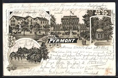 Lithographie Pyrmont, Erdbeer Tempel, Schloss, Neues Kurhaus, Pädagogium