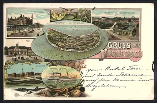 Lithographie Norderney, Kaiserstrasse, Post, Seehospiz