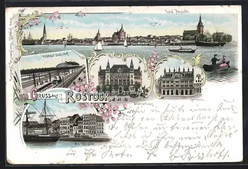 Lithographie Rostock, Zentralbahnhof, Rathaus