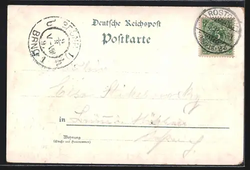 Lithographie Rostock, Zentralbahnhof, Rathaus