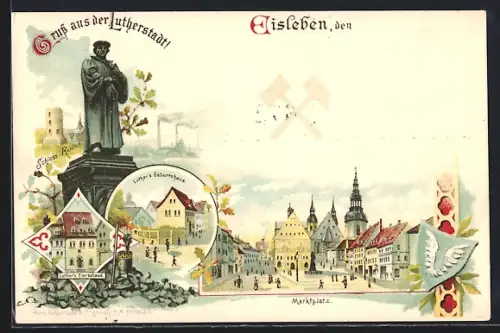 Lithographie Eisleben, Marktplatz, Luthers Geburtshaus, Schlossruine