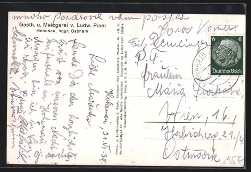 AK Hohenau /Bayr. Ostmark, Gasthaus u. Metzgerei v. Ludwig Piser, Ortsansicht aus der Vogelschau