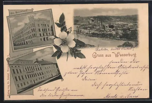 AK Wasserburg / Inn, Kgl. Realschule, Englisches Institut, Ortsansicht aus der Vogelschau