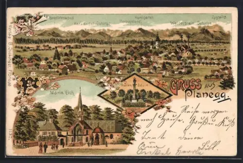 Lithographie Planegg, Gesamtansicht mit Bergkette, Maria Eich