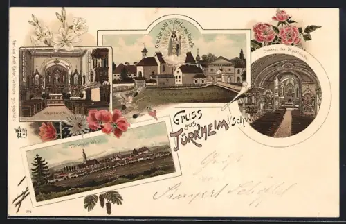 Lithographie Türkheim i. Schw., Kapuzinerkloster mit Gnadenbild, Innenansichten der Kloster- und der Pfarrkirche
