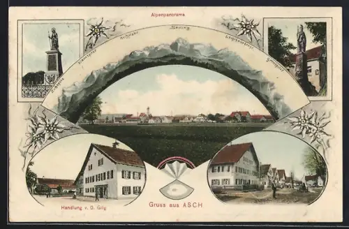 AK Asch / Fuchstal, Handlung v. D. Gilg, Ortsansicht mit Alpenpanorama