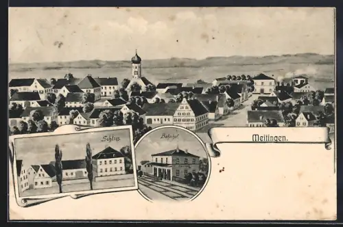 AK Meitingen, Bahnhof, Schloss, Ortsansicht aus der Vogelschau
