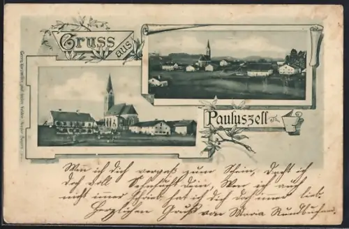 AK Pauluszell, Ortsansicht mit Kirche aus der Vogelschau