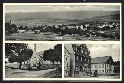 AK Damscheid, Gasthaus Stahl, Kriegerdenkmal, Ortsansicht aus der Vogelschau