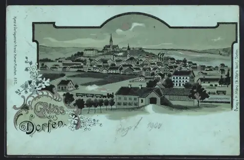 Mondschein-Lithographie Dorfen / Erding, Ortsansicht aus der Vogelschau