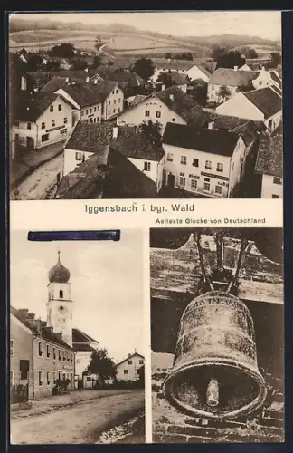 AK Iggensbach i. byr. Wald, Älteste Glocke von Deutschland, Kirche, Ortspartie aus der Vogelschau