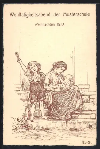 Künstler-AK Eine Frau sitzt mit ihren Kindern auf e. Treppe, Weihnachten 1910, Wohltätigkeitsabend der Musterschule