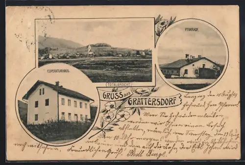 AK Grattersdorf, Coperaturhaus, Pfarrhof und Totalansicht