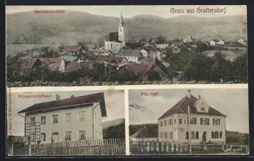 AK Grattersdorf, Kooporatorhaus, Pfarrhof und Gesamtansichtq