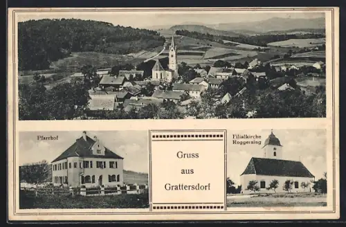 AK Grattersdorf, Filialkirche Roggersing, Pfarrhof und Totalansicht