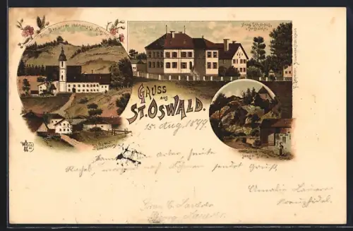 Lithographie St. Oswald, Brauerei im ehem. Kloster, Neues Schulhaus und Forstamt